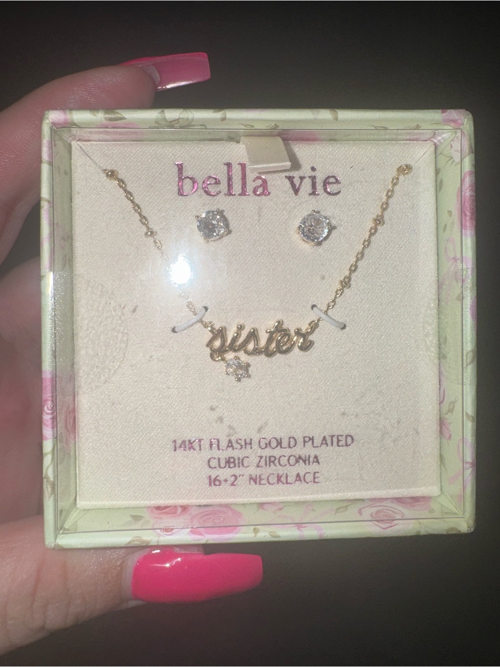 Gold 'Sister' Necklace and Stud Earrings Set
